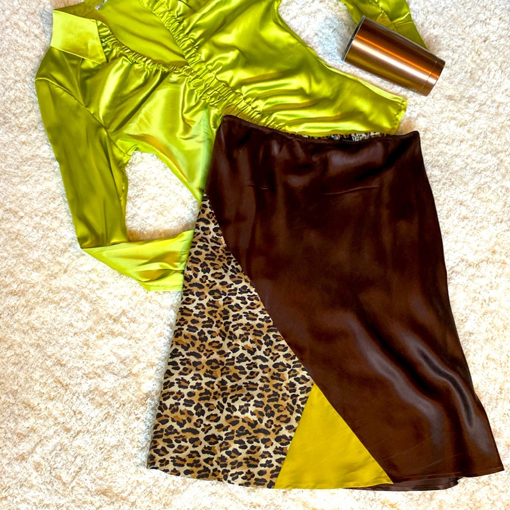 Express Silk Skirt - Color Block with Leopard Print